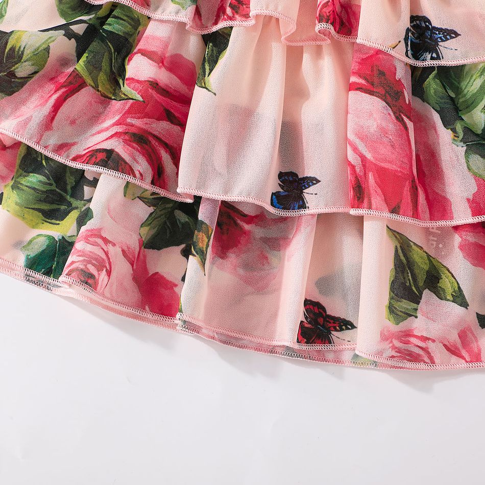 طفلة في جميع أنحاء الأزهار المطبوعة الوردي الخامس الرقبة بلا أكمام فستان من الشيفون الطبقات زهري big image 5