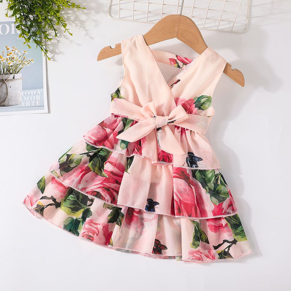Baby Girl All Over Floral Print Pink V Neck Sleeveless Layered Chiffon Dress Pink