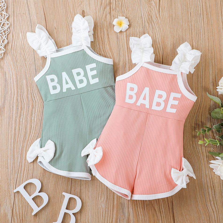 Baby Girl Ruffle Strap Letter Print Sleeveless Ribbed Bowknot Romper Pink big image 2