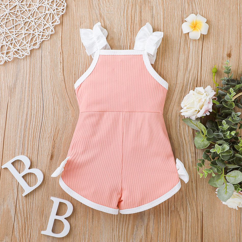 Baby Girl Ruffle Strap Letter Print Sleeveless Ribbed Bowknot Romper Pink