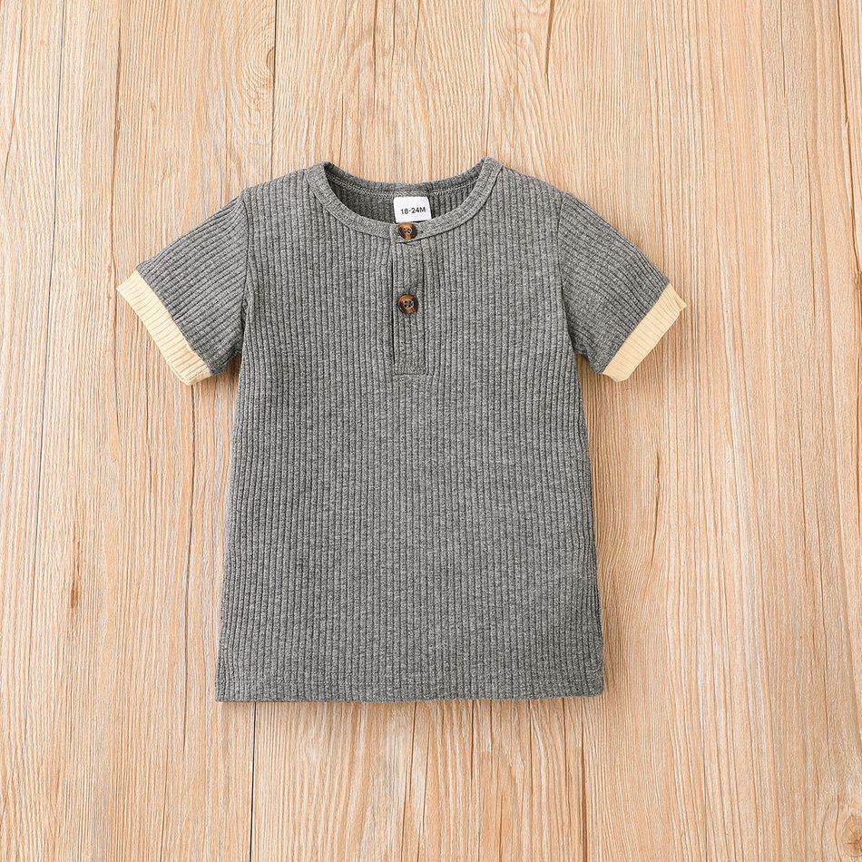 2pcs Toddler Boy Basic Button Design Ribbed Tee and Shorts Set Grey big image 3
