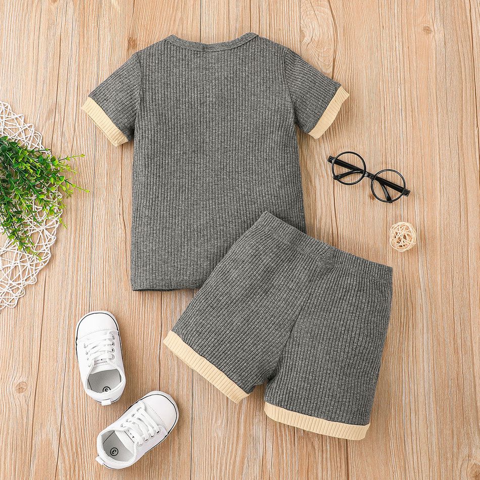 2pcs Toddler Boy Basic Button Design Ribbed Tee and Shorts Set Grey big image 2