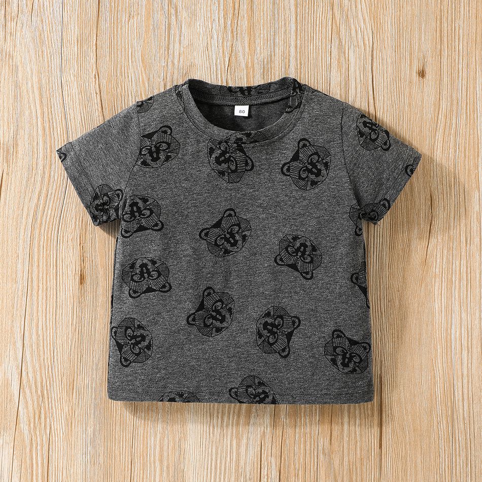 2pcs Toddler Boy Playful Bear Print Tee and Elasticized Shorts Set Grey big image 3