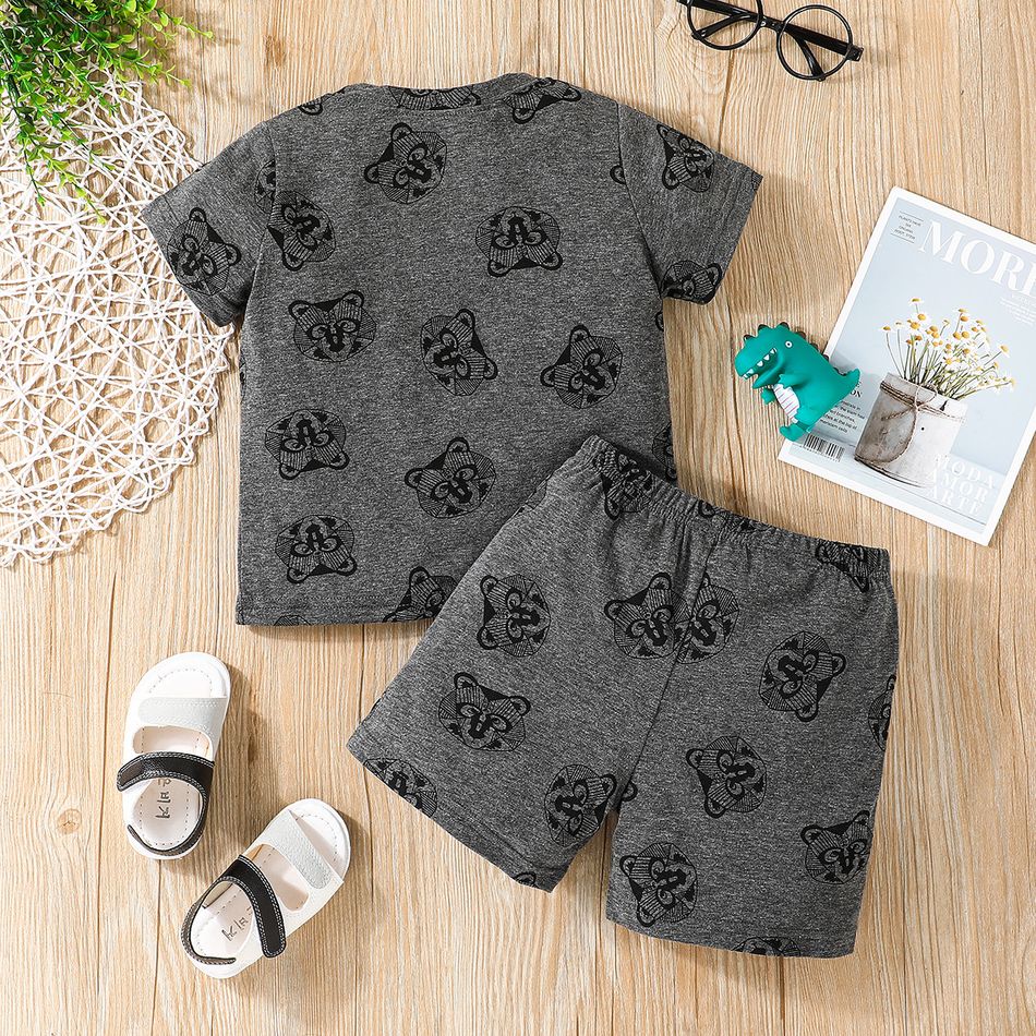 2pcs Toddler Boy Playful Bear Print Tee and Elasticized Shorts Set Grey