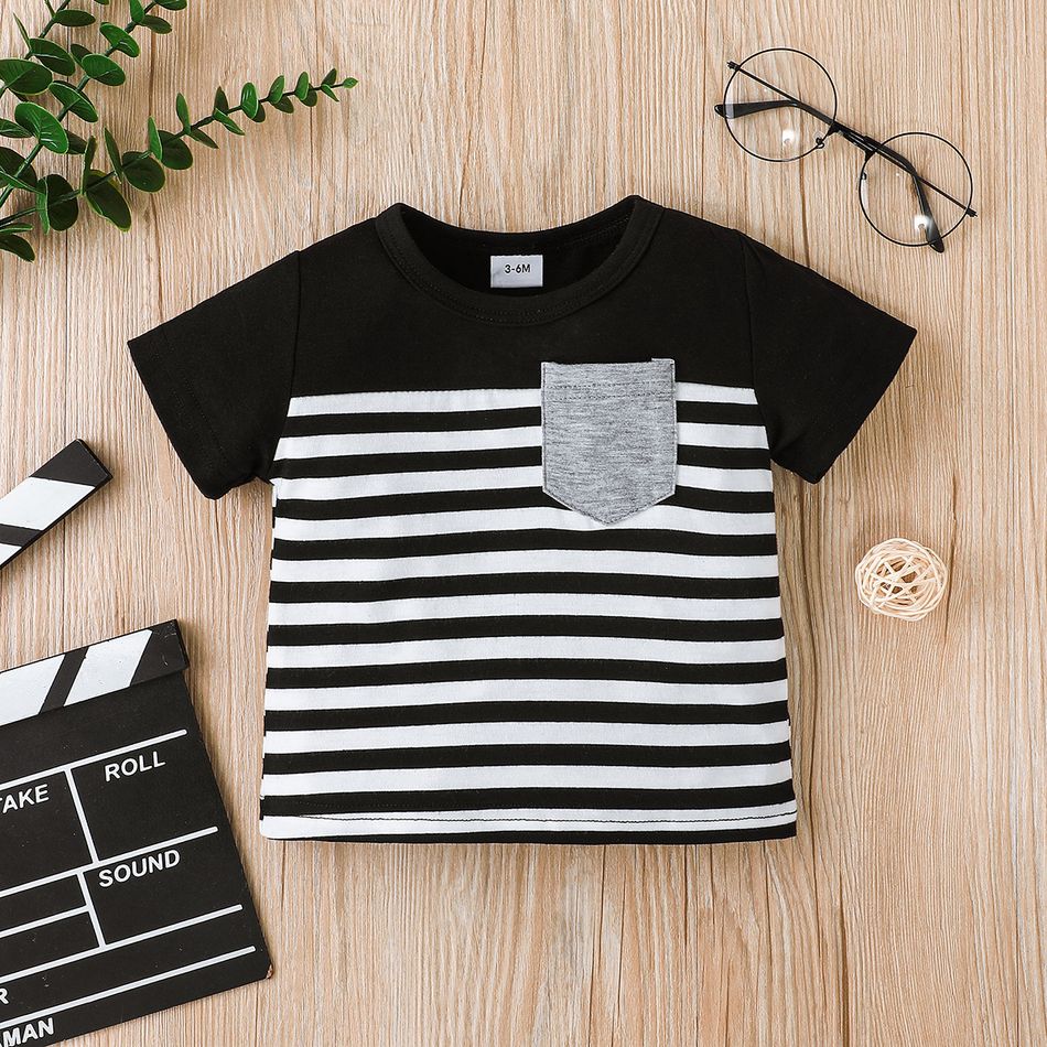 Baby Boy/Girl Colorblock Striped Short-sleeve T-shirt with Pocket Black