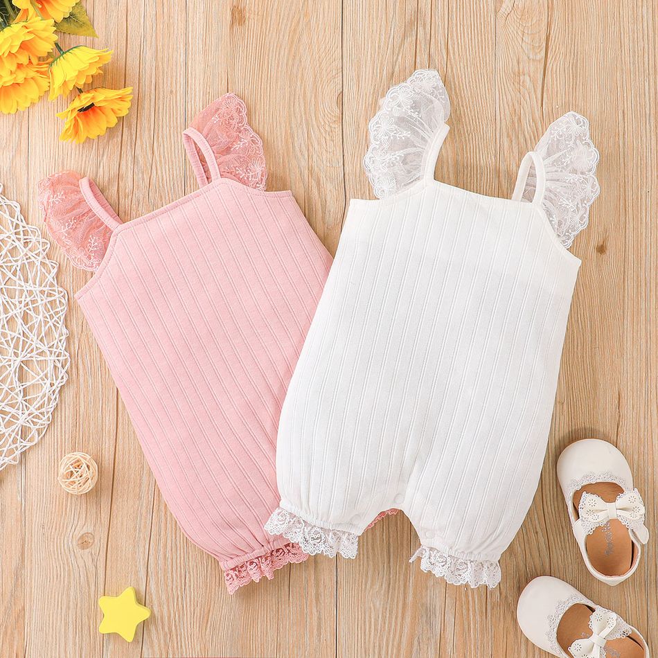 Baby Girl Lace Design Solid Ribbed Spaghetti Strap Romper White