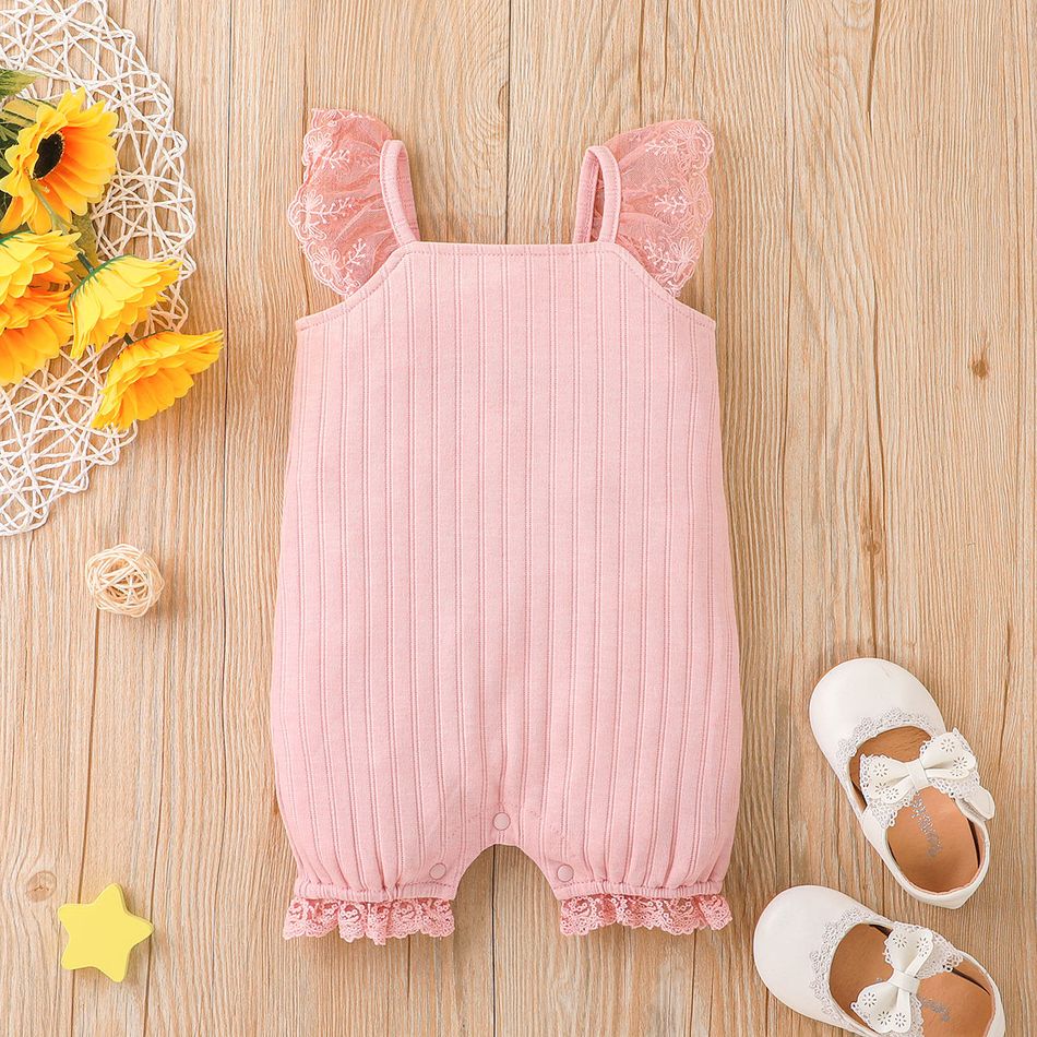 Baby Girl Lace Design Solid Ribbed Spaghetti Strap Romper Pink big image 1