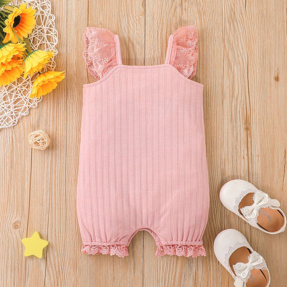 Baby Girl Lace Design Solid Ribbed Spaghetti Strap Romper Pink