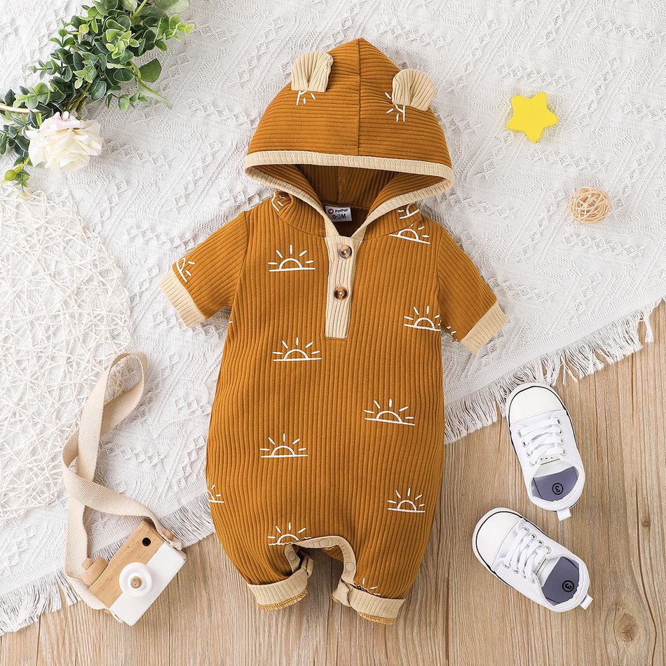 Baby Boy/Girl 95% Cotton Short-sleeve Allover Sun Print 3D Ears Hooded Romper Ginger