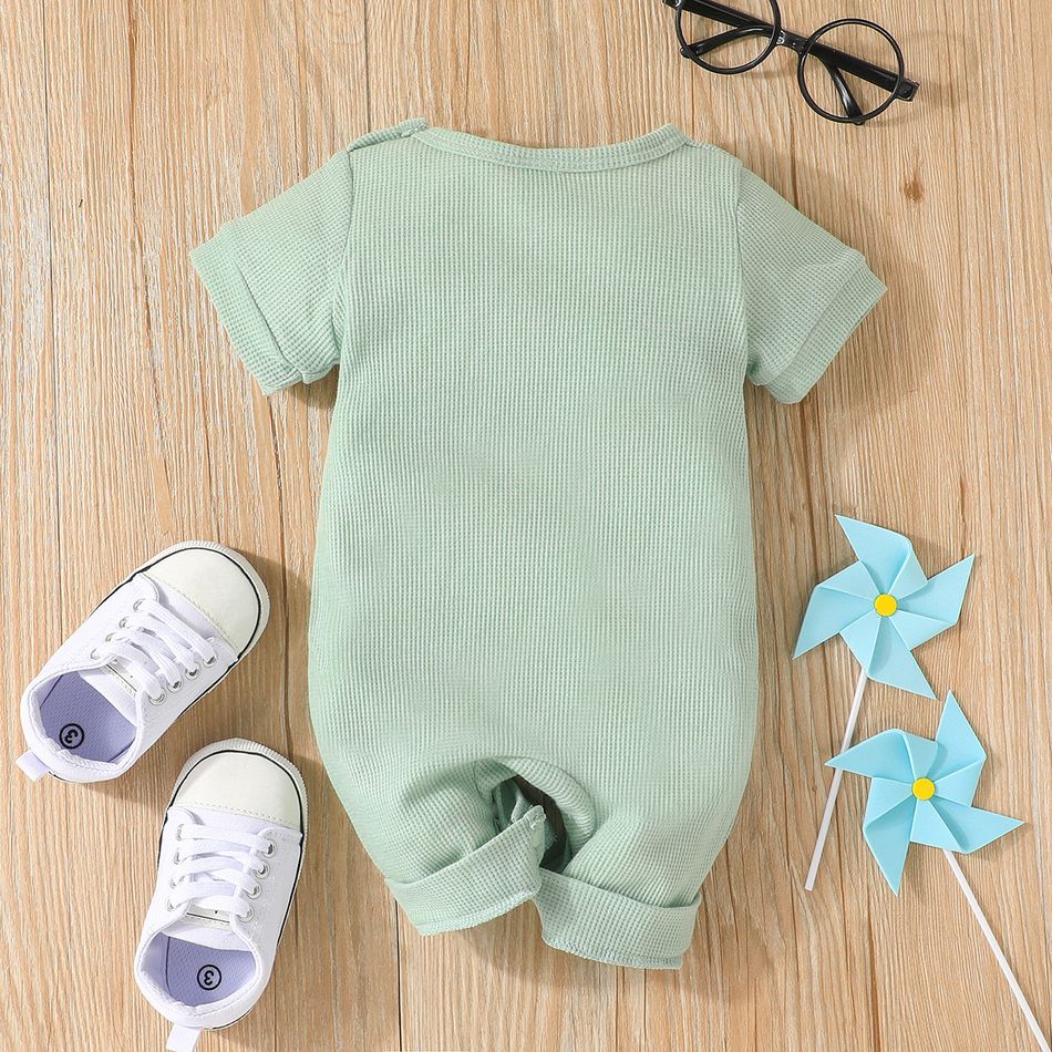 Baby Boy Rainbow and Letter Print Waffle Short-sleeve Romper Green