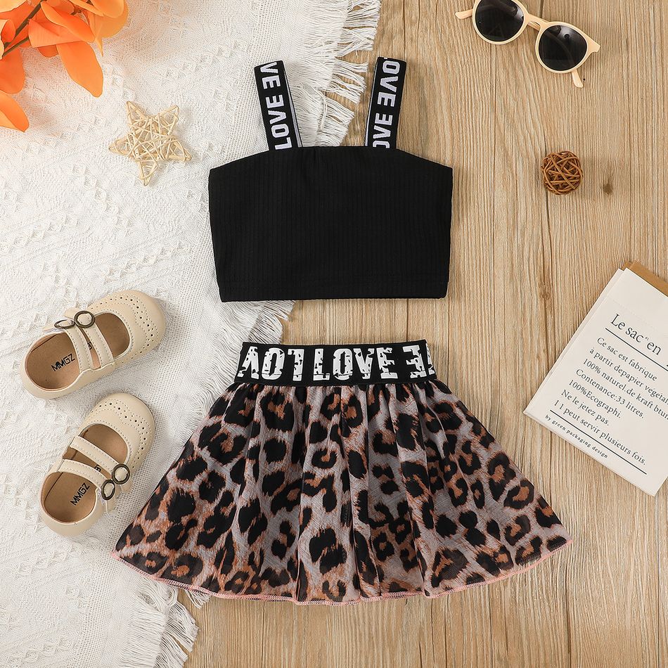2pcs Baby Girl Cotton Ribbed Letter Print Spaghetti Strap Crop Top and Leopard Skirt Set Brown