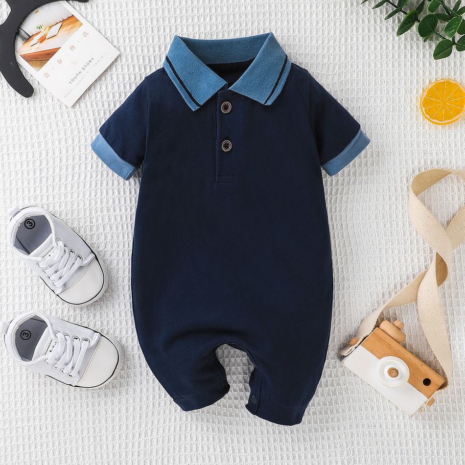 Baby Boy 95% Cotton Short-sleeve Contrast Collar Button Up Romper ColorBlock