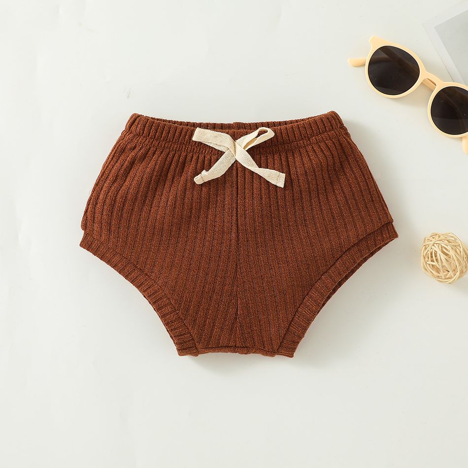 2pcs Baby Girl Solid Ribbed Textured Flutter-sleeve Dress with Shorts Set Brown big image 7