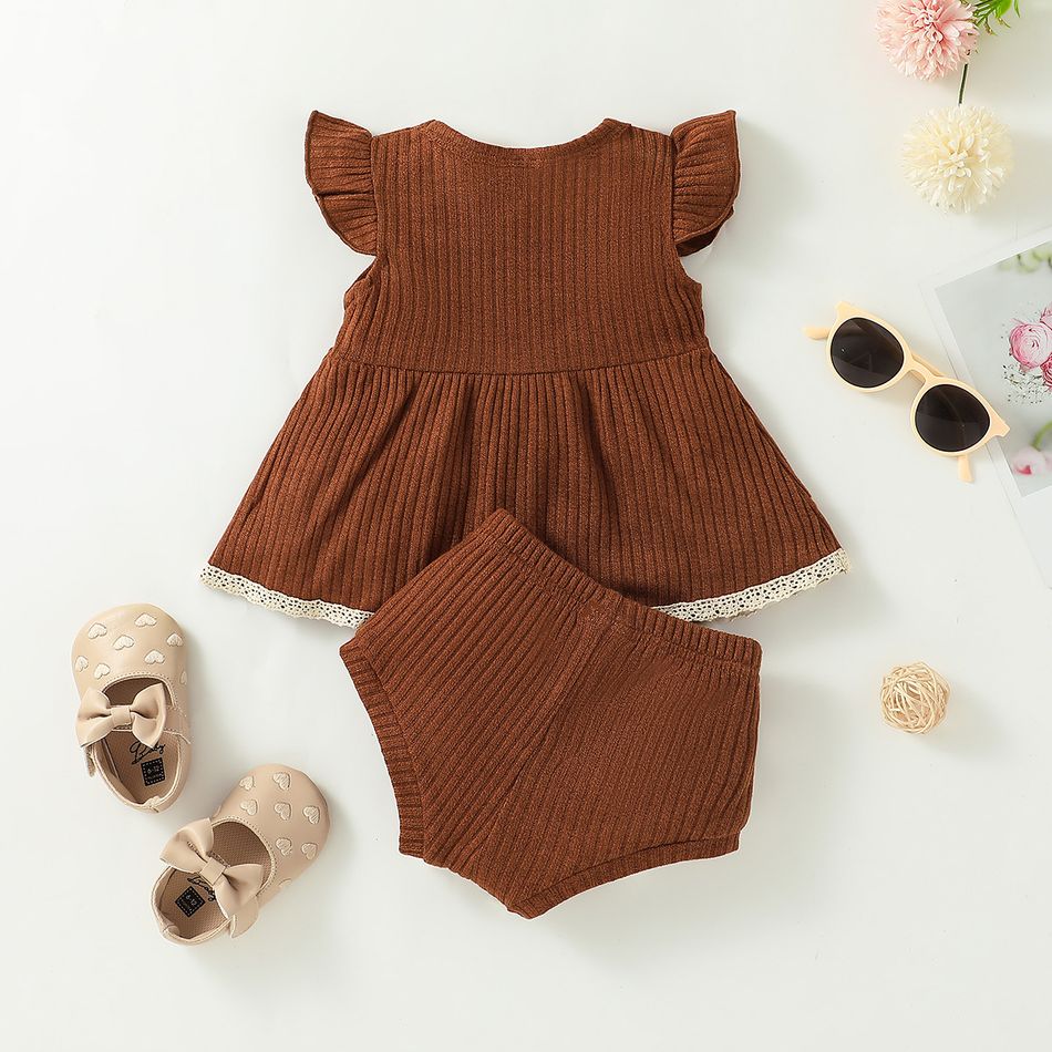 2pcs Baby Girl Solid Ribbed Textured Flutter-sleeve Dress with Shorts Set Brown