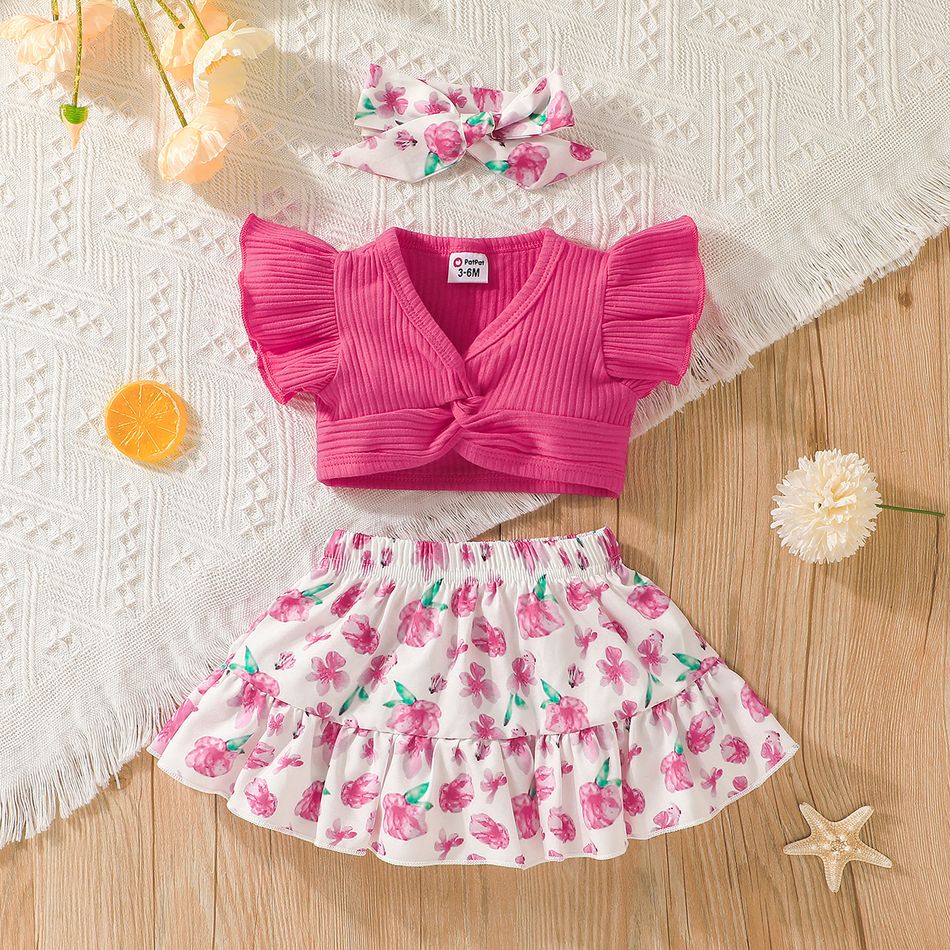3pcs Baby Girl 95% Cotton Rib Knit V Neck Twist Knot Flutter-sleeve Crop Top and Allover Floral Print Ruffle Hem Skirt with Headband Set Hot Pink