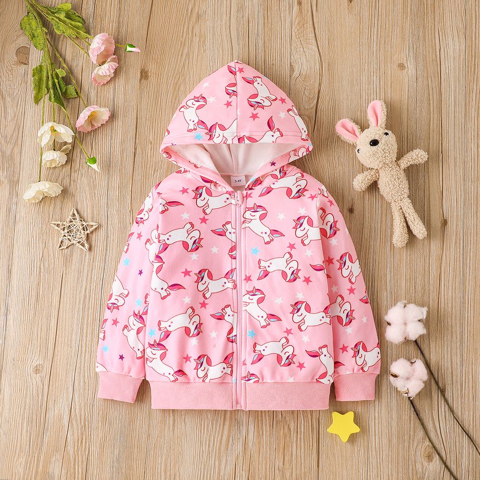 Toddler Girl Unicorn Print Zipper Desugn Hooded Jacket Pink