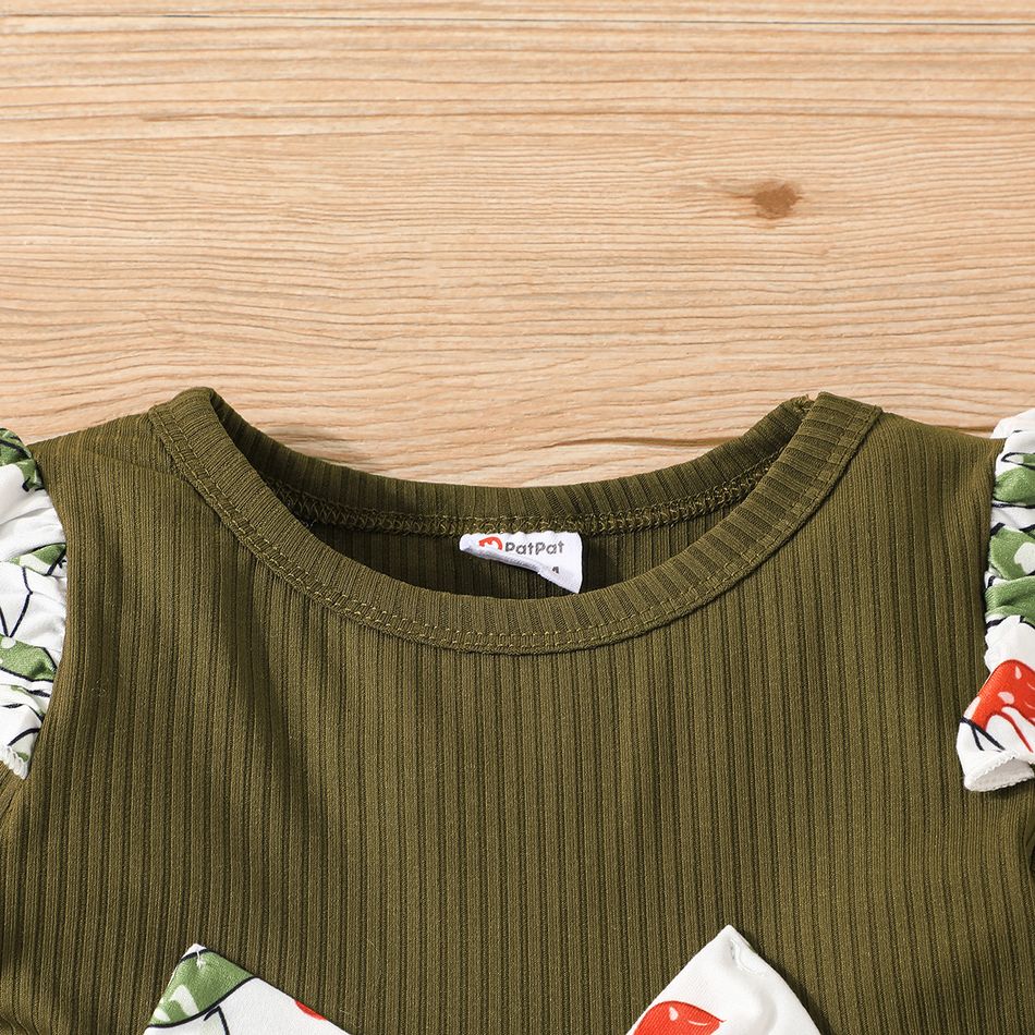 2pcs Toddler Girl Bowknot Design Ruffled High Low Long-sleeve Tee and Floral Print Leggings Set Green big image 5