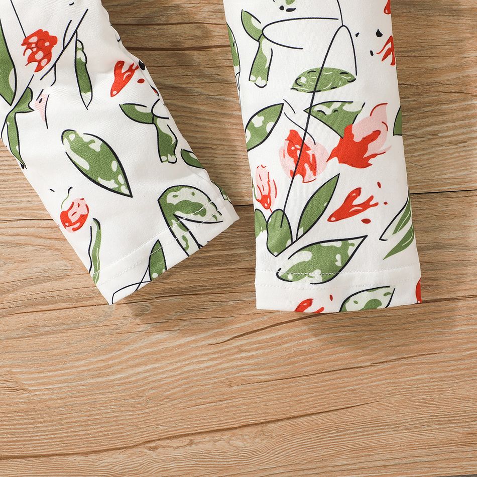 2pcs Toddler Girl Bowknot Design Ruffled High Low Long-sleeve Tee and Floral Print Leggings Set Green big image 9