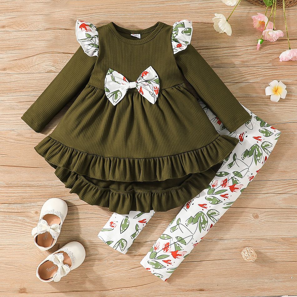 2pcs Toddler Girl Bowknot Design Ruffled High Low Long-sleeve Tee and Floral Print Leggings Set Green big image 10
