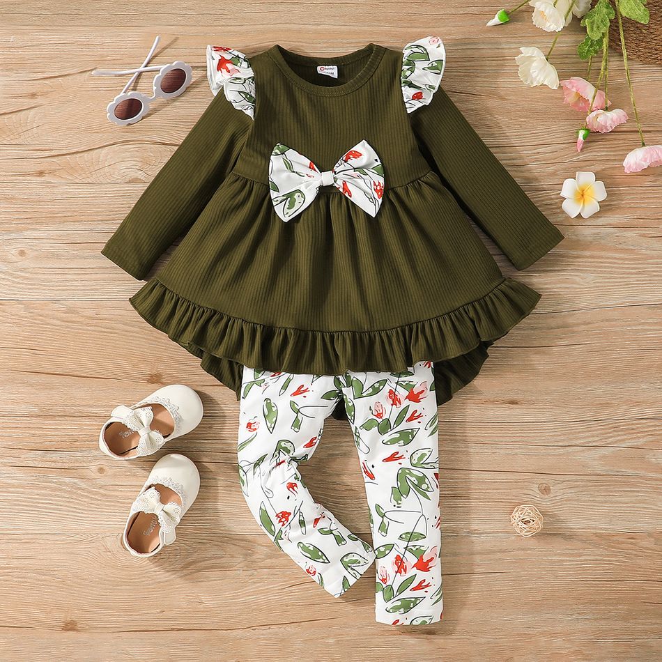 2pcs Toddler Girl Bowknot Design Ruffled High Low Long-sleeve Tee and Floral Print Leggings Set Green big image 11