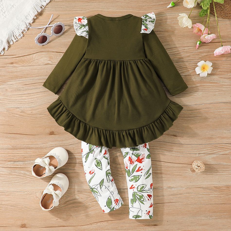 2pcs Toddler Girl Bowknot Design Ruffled High Low Long-sleeve Tee and Floral Print Leggings Set Green big image 12
