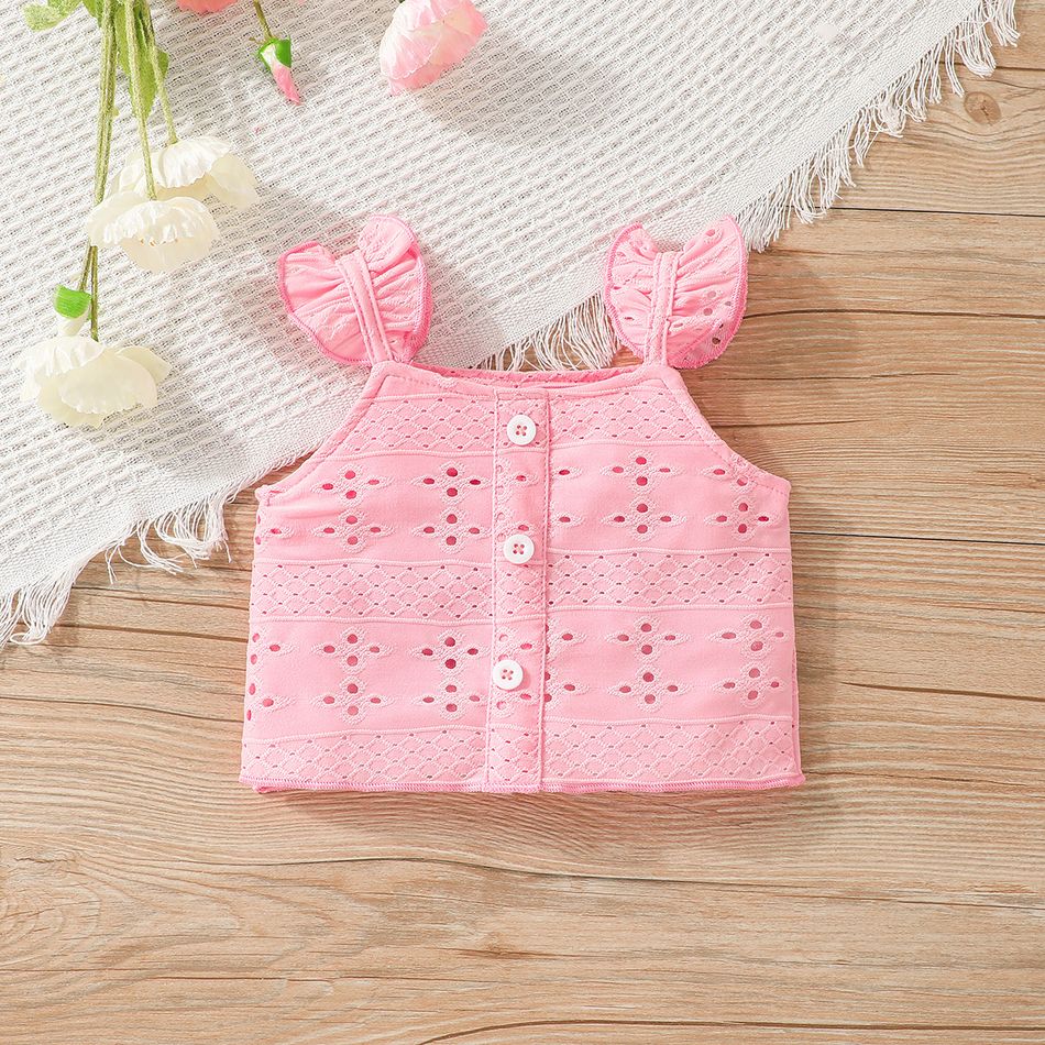 2pcs Baby Girl Pink Eyelet Embroidered Textured Tank Top and Shorts Set Pink big image 4