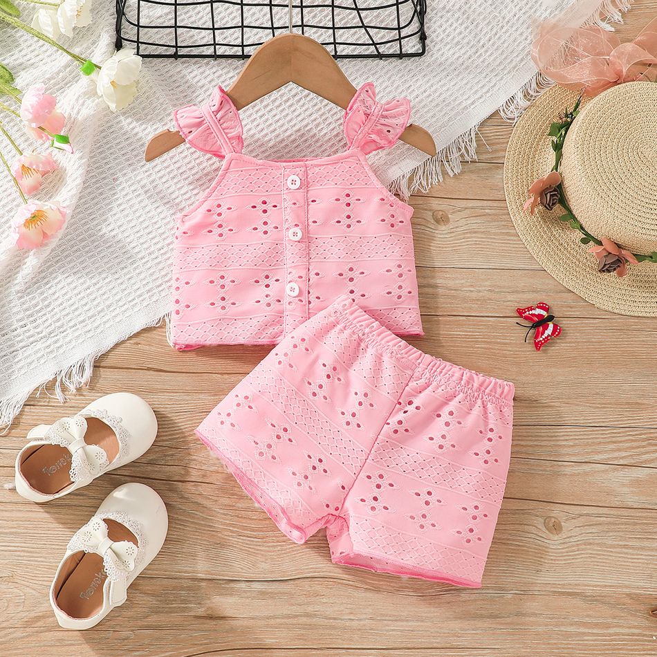 2pcs Baby Girl Pink Eyelet Embroidered Textured Tank Top and Shorts Set Pink big image 1