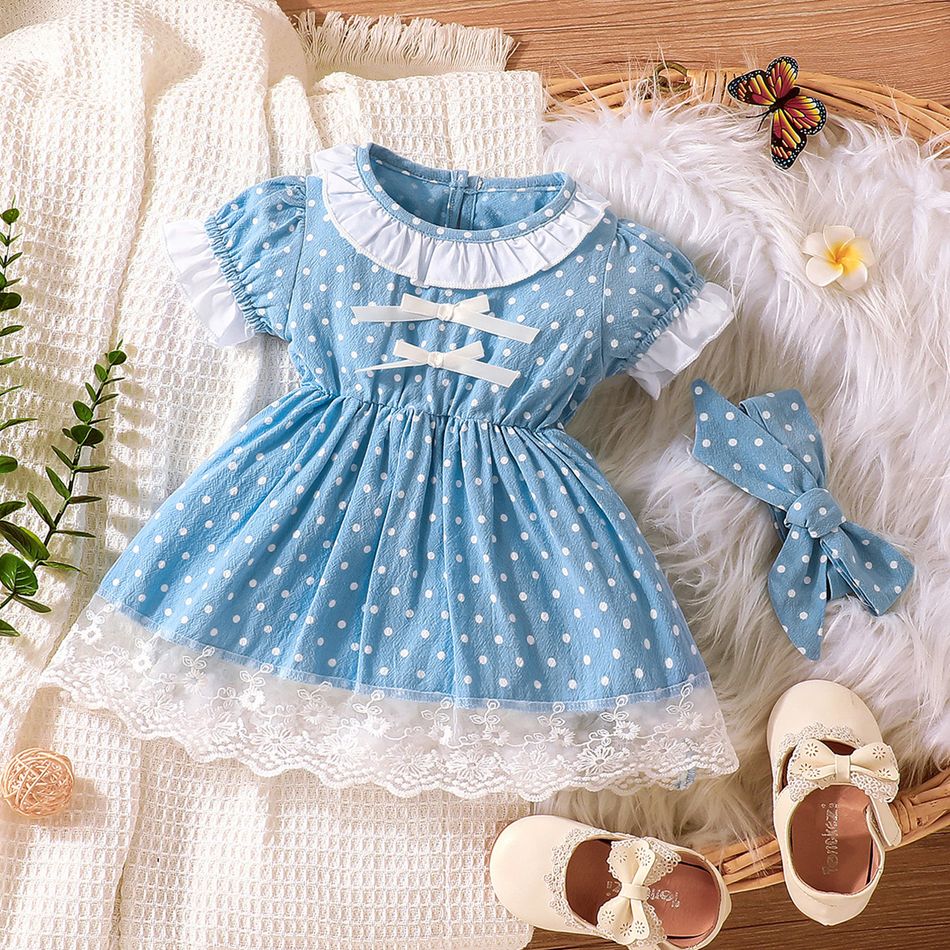 2pcs Baby Girl Polka Dots Ruffle Trim Puff-sleeve Lace Hem Dress with Headband Set Blue