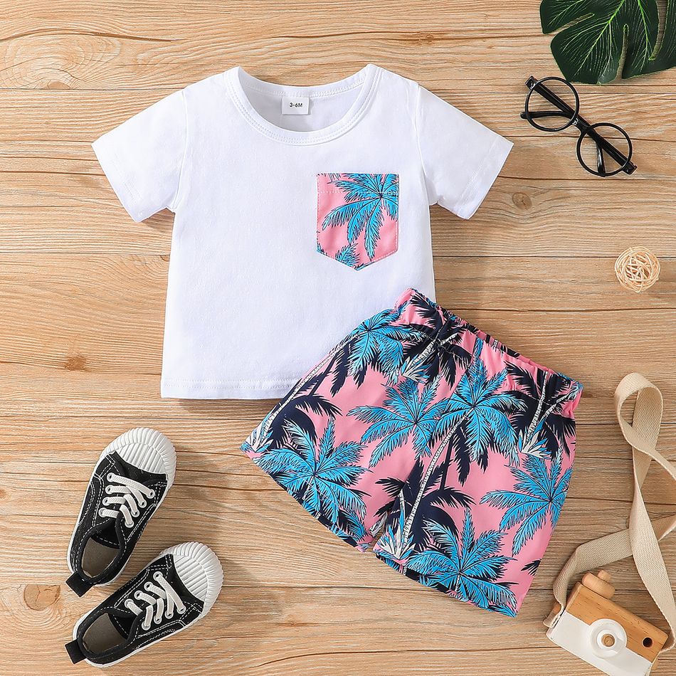 2pcs Baby Boy 95% Cotton Short-sleeve Tee and Allover Tropical Print Shorts Set Pink