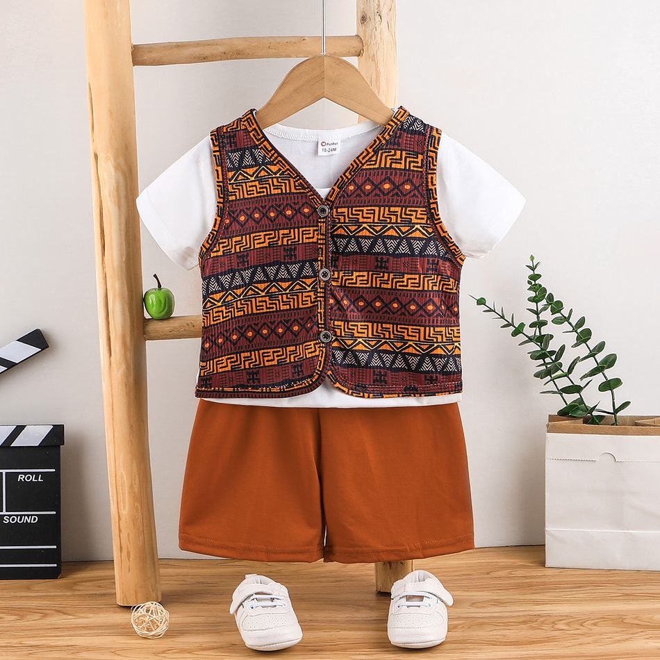 3-Pack Toddler Boy Trendy Pocket Design Tee and Geo Print Vest and Shorts Set Brown