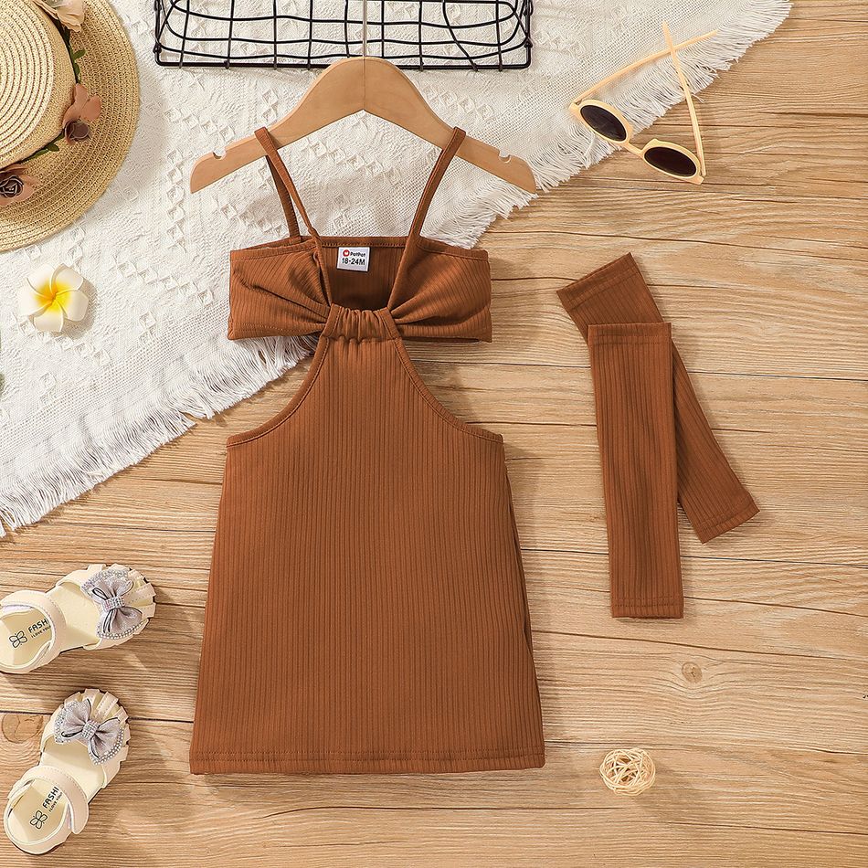 Toddler Girl Solid Color Ribbed Cut Out Slip Dress with Arm Sleeve Brown