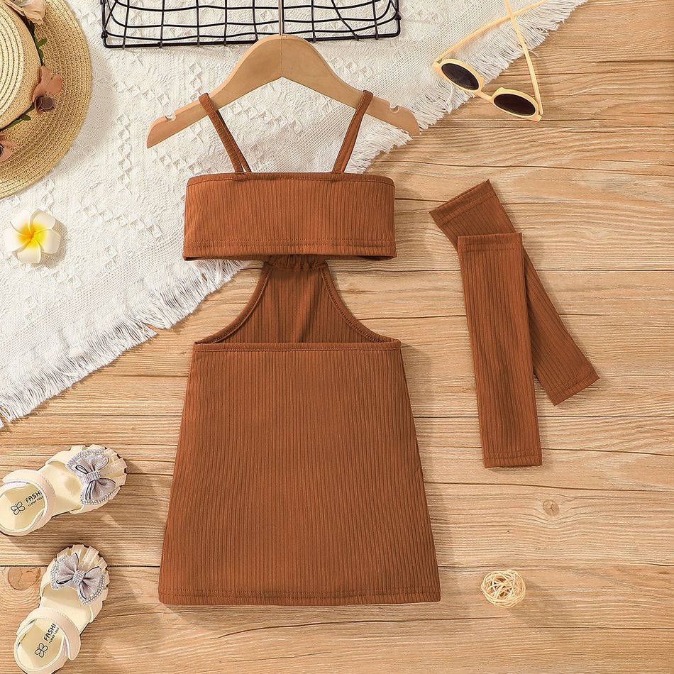 Toddler Girl Solid Color Ribbed Cut Out Slip Dress with Arm Sleeve Brown big image 7