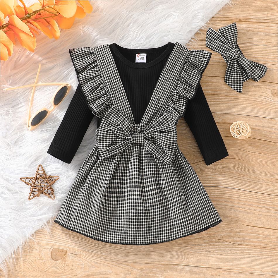 3pcs Baby Girl 100% Cotton Gingham Bow Front Ruffle Trim Overall Dress and Long-sleeve Romper with Headband Set Black big image 2
