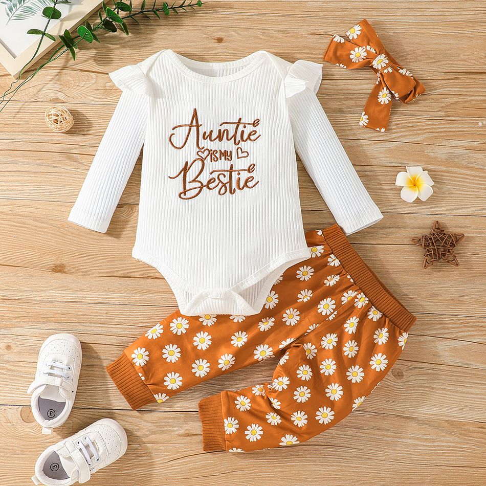 3pcs Baby Girl 95% Cotton Rib Knit Letter Embroidered Ruffle Long-sleeve Romper and Allover Daisy Floral Print Pants with Headband Set Ginger