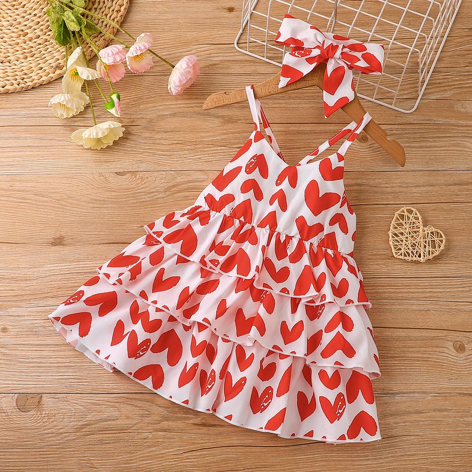 2pcs Baby Girl All Over Red Love Heart Print Spaghetti Strap Layered Dress with Headband Set Red big image 1