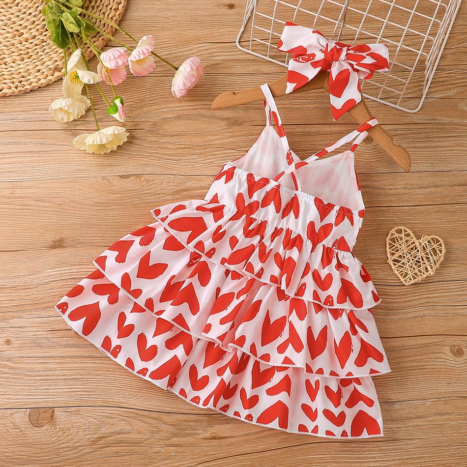 2pcs Baby Girl All Over Red Love Heart Print Spaghetti Strap Layered Dress with Headband Set Red big image 5