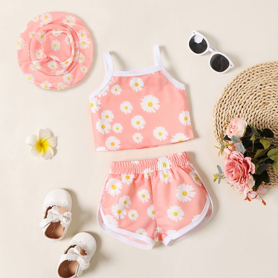 3pcs Baby Girl Allover Daisy Floral Print Pink Cami Top and Shorts with Hat Set Pink