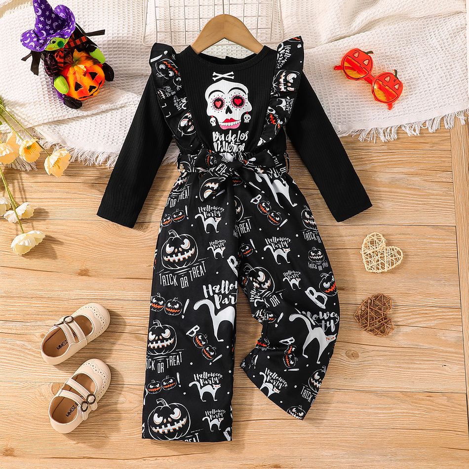 Toddler Girl Halloween Faux-two Skeleton Print Long-sleeve T-shirt Top and Overalls Pants Black Set Black