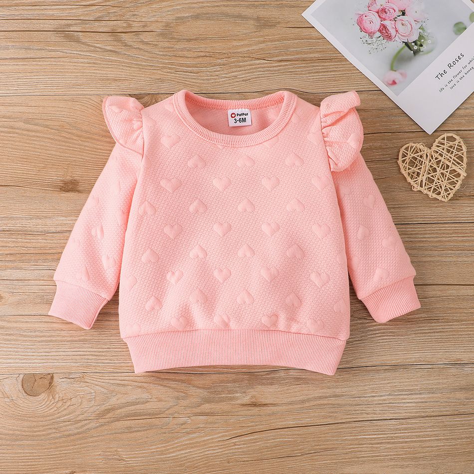 2pcs Baby Girl Pink Love Heart Textured Ruffle Trim Long-sleeve Pullover and Bow Front Pants Set Pink big image 3