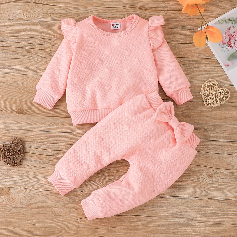 2pcs Baby Girl Pink Love Heart Textured Ruffle Trim Long-sleeve Pullover and Bow Front Pants Set Pink big image 2