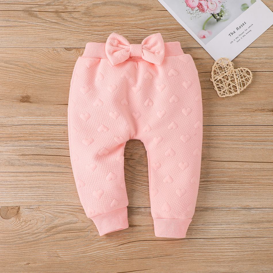2pcs Baby Girl Pink Love Heart Textured Ruffle Trim Long-sleeve Pullover and Bow Front Pants Set Pink big image 8