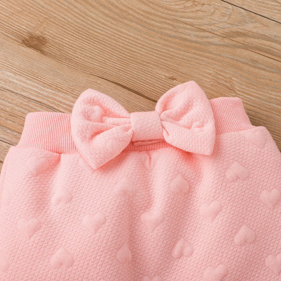 2pcs Baby Girl Pink Love Heart Textured Ruffle Trim Long-sleeve Pullover and Bow Front Pants Set Pink big image 9