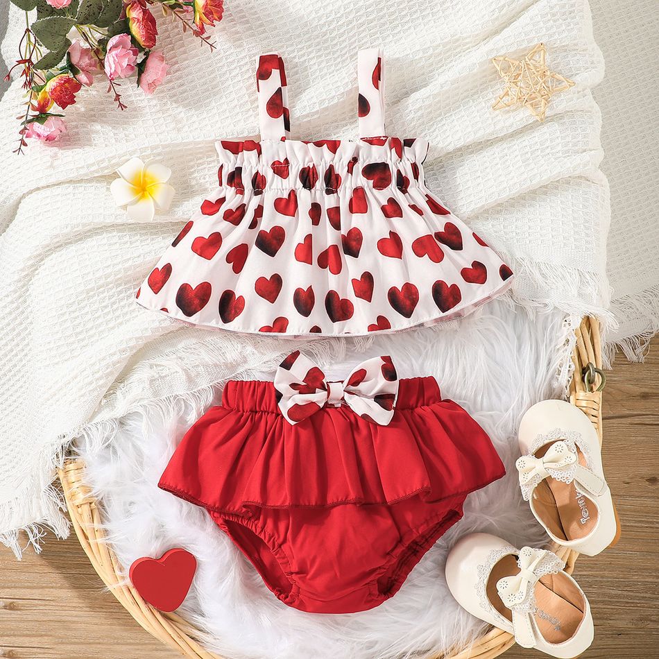 2pcs Baby Girl Allover Red Love Heart Print Tank Top and Bow Front Shorts Set Red