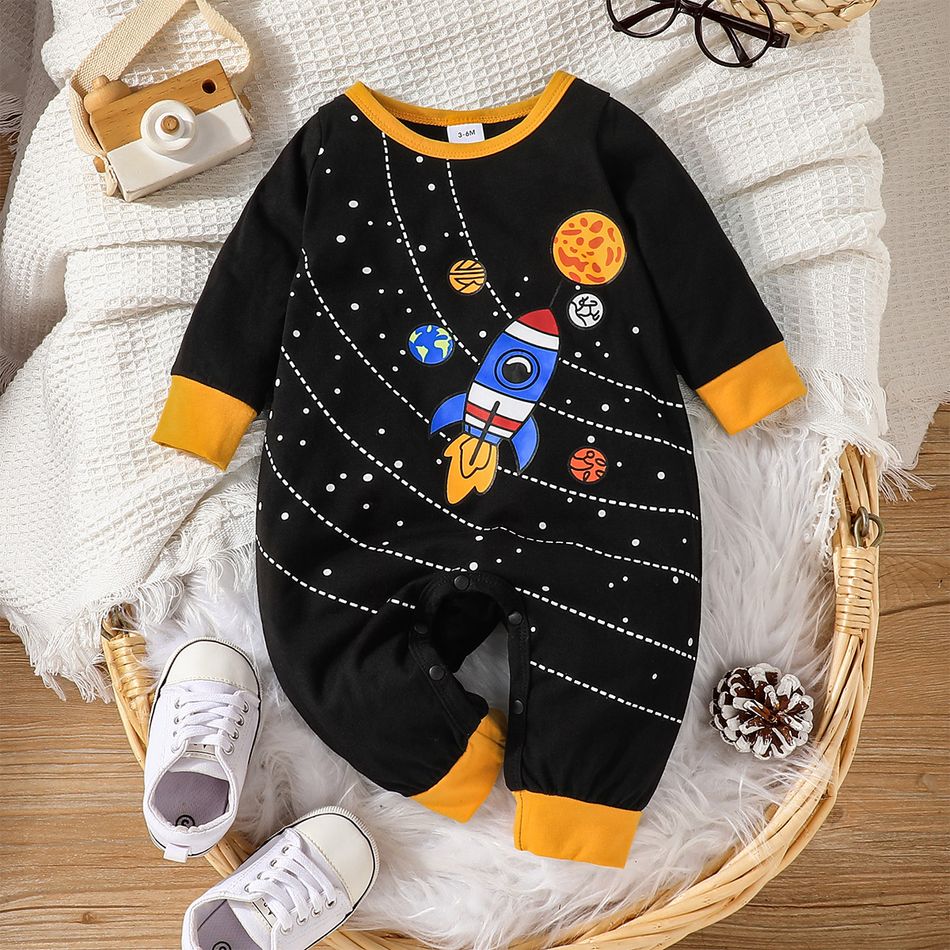 Baby Boy Outer Space Planet Print Contrast Binding Long-sleeve Jumpsuit Black