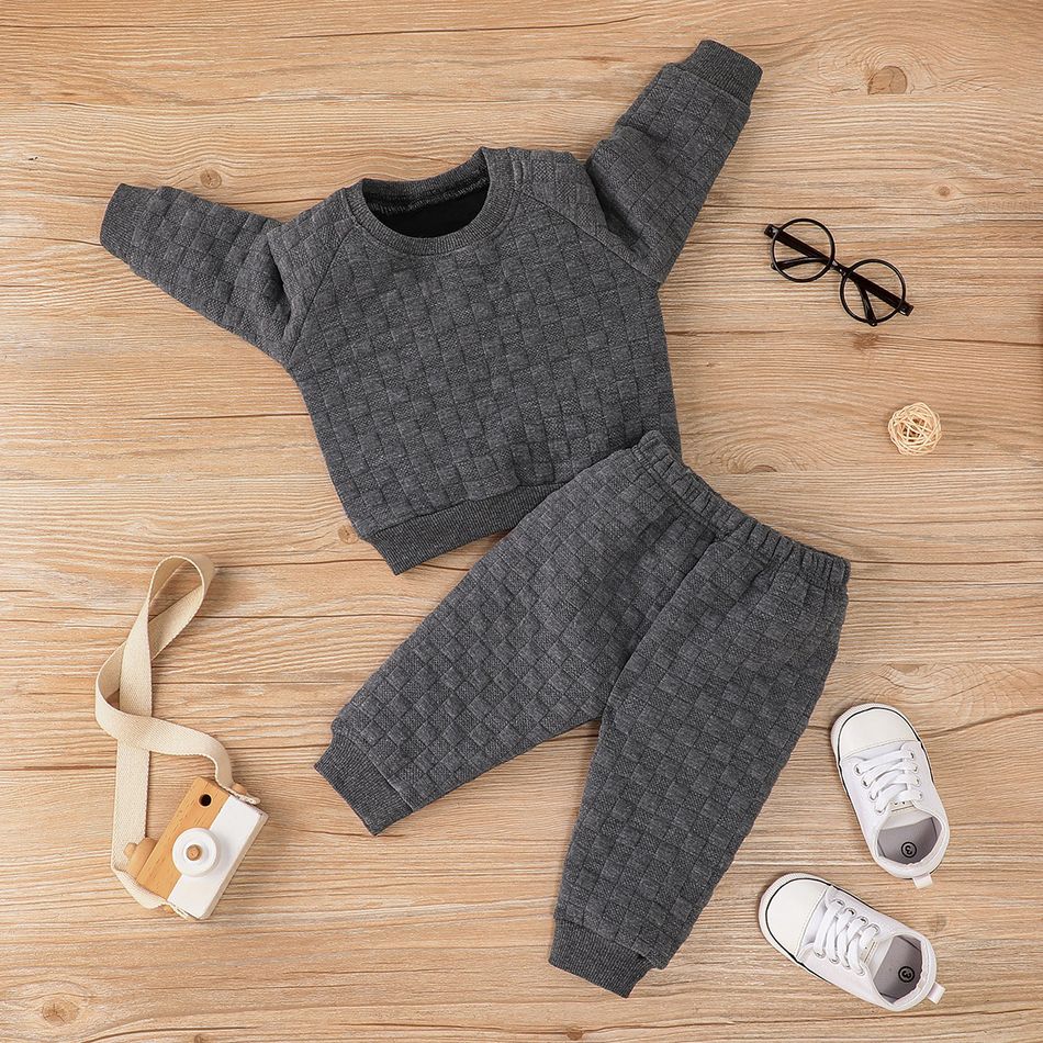 2pcs Baby Boy Dark Grey Textured Long-sleeve Sweatshirt and Sweatpants Set Dark Grey big image 3