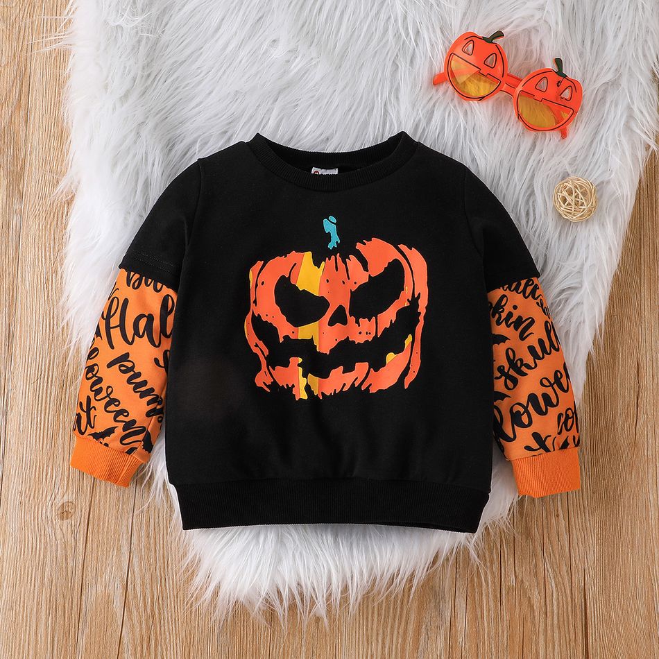 2pcs Toddler Boy Halloween Graphic Print Faux-two Pullover Sweatshirt and Pants Set Orange big image 3