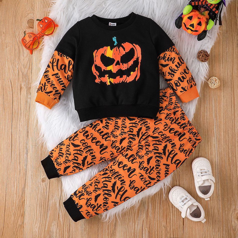 2pcs Toddler Boy Halloween Graphic Print Faux-two Pullover Sweatshirt and Pants Set Orange