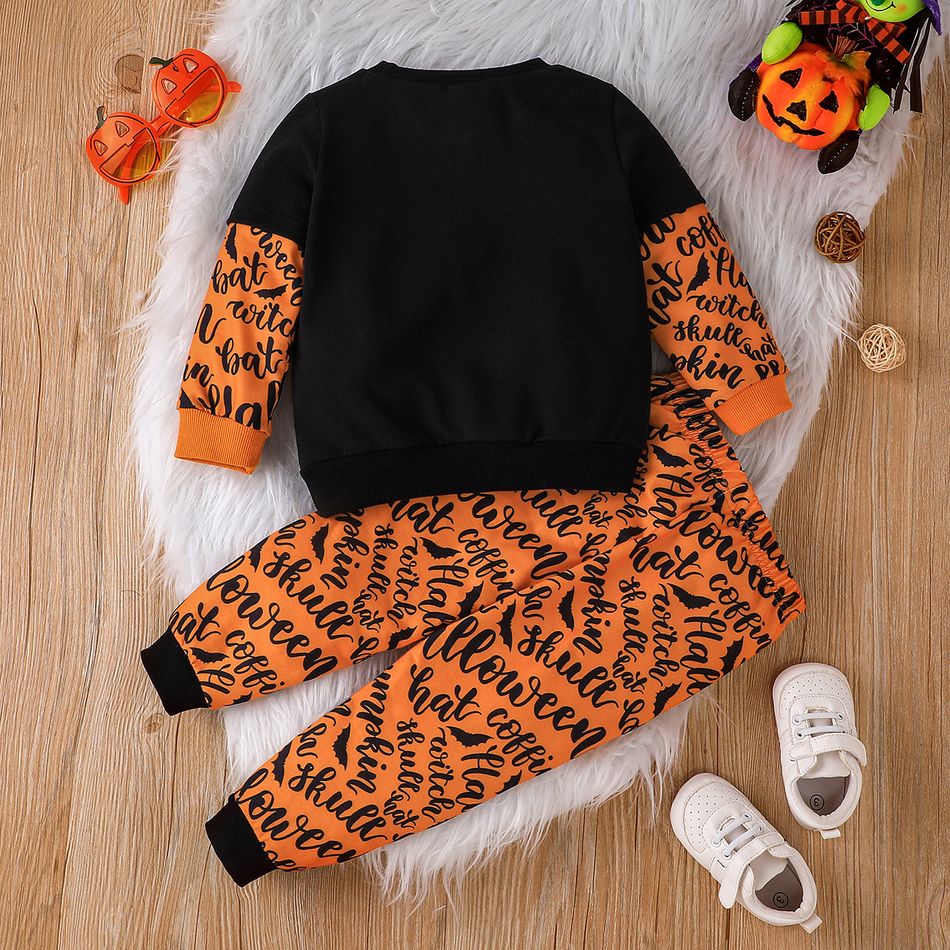 2pcs Toddler Boy Halloween Graphic Print Faux-two Pullover Sweatshirt and Pants Set Orange big image 2