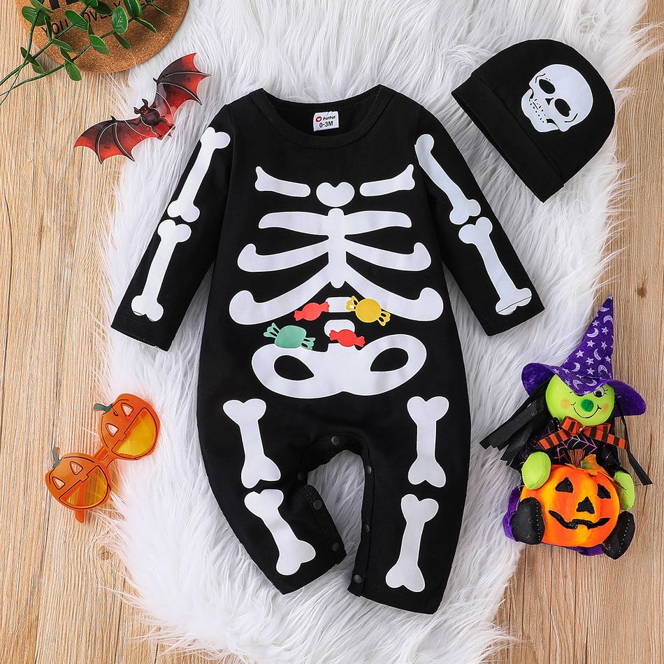 Halloween 2pcs Baby Boy 95% Cotton Long-sleeve Skeleton Print Jumpsuit with Hat Set Black