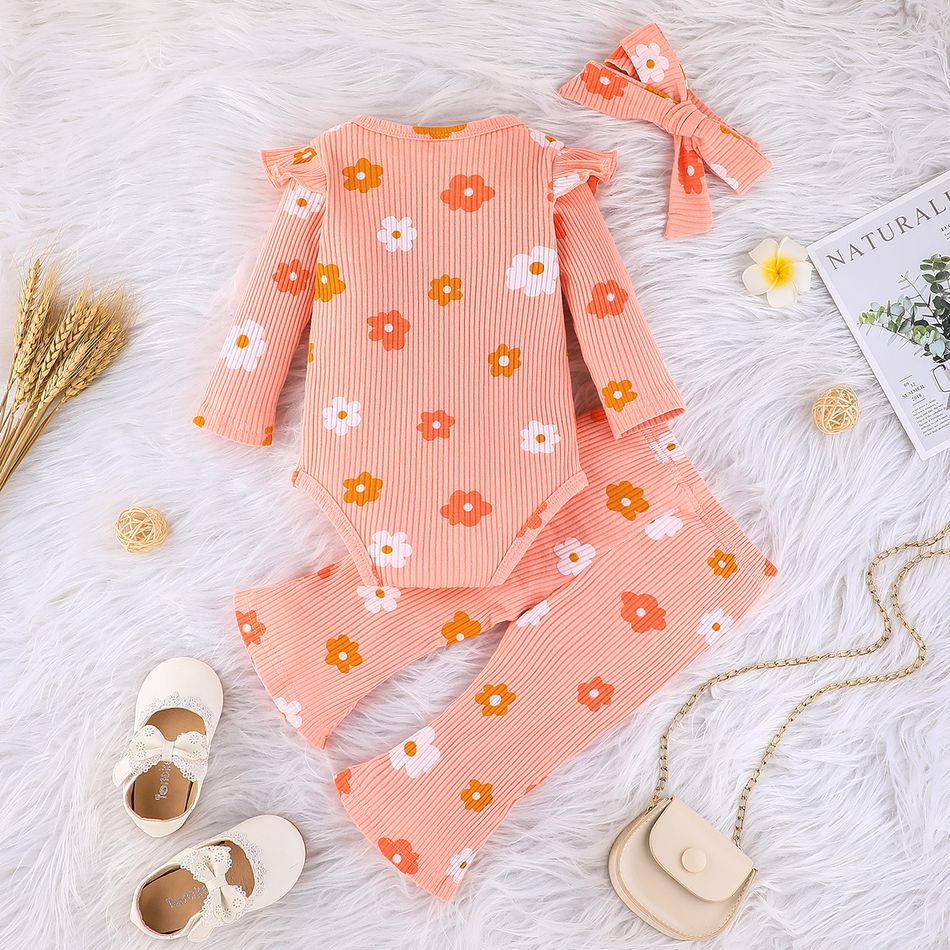 3pcs Baby Girl 95% Cotton Long-sleeve Allover Floral Print Rib Knit Ruffle Trim Romper and Flared Pants with Headband Set Pink big image 9